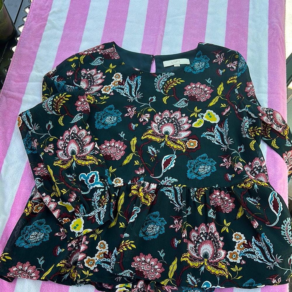 LOFT Green and Pink Peplum Blouse 3/4 Sleeve